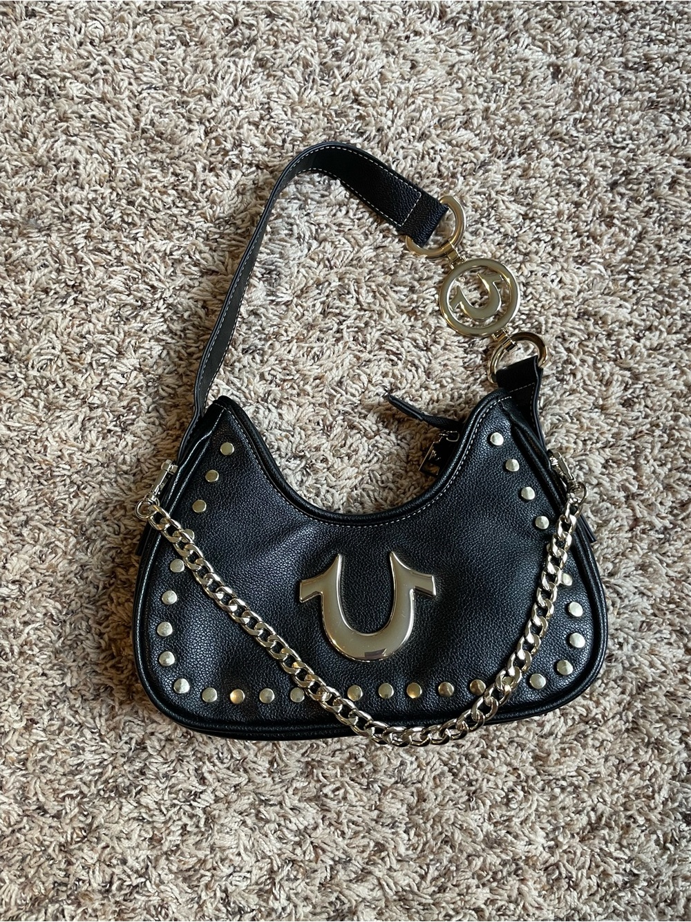True Religion Black Studded Shoulder Bag with Chain Detail